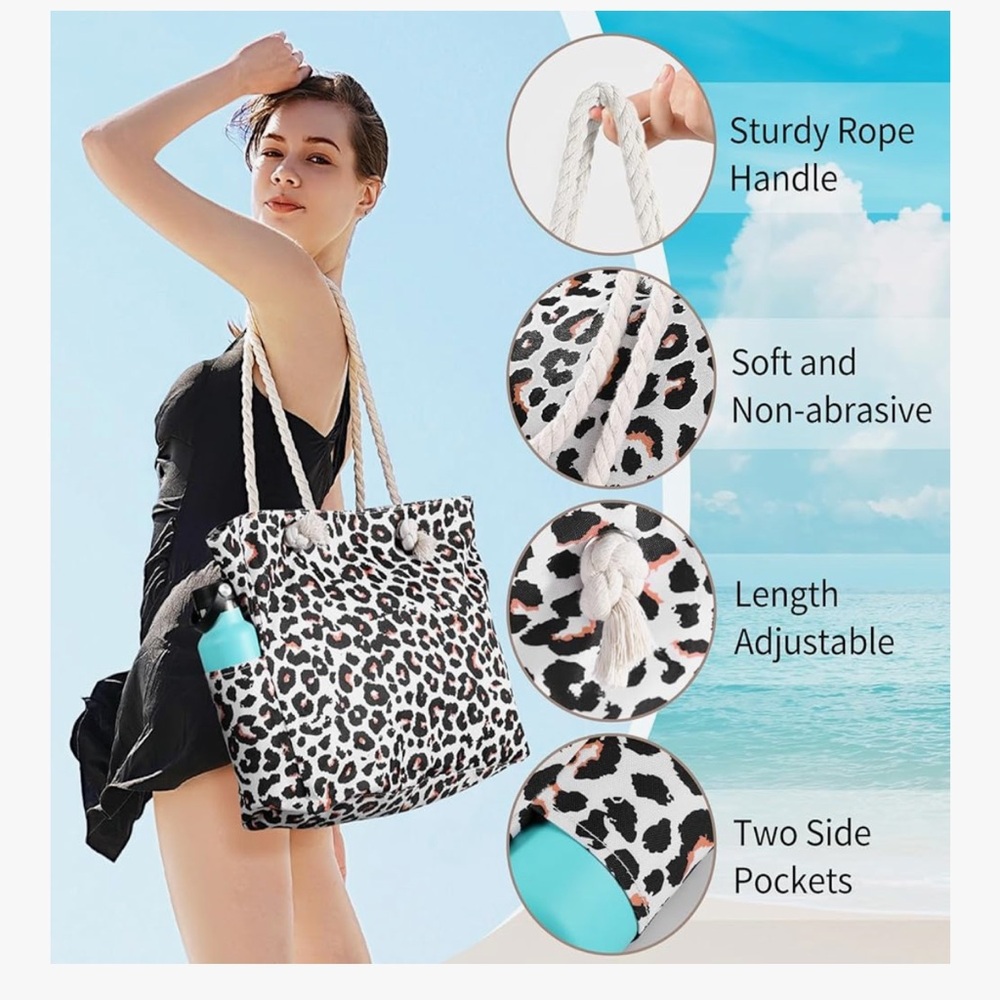 🆕 Leopard Print Rope-Handle Tote Bag - Cream/Black - Picture 2 of 7